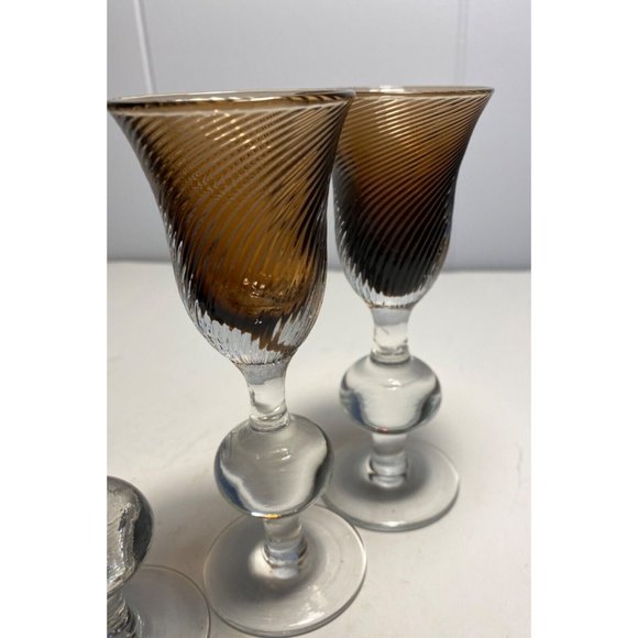 VTG NEIMAN MARCUS Hand Crafted Set Of 4 Amber Brown Swirl Stemmed Liquor glasses - Picture 5 of 6